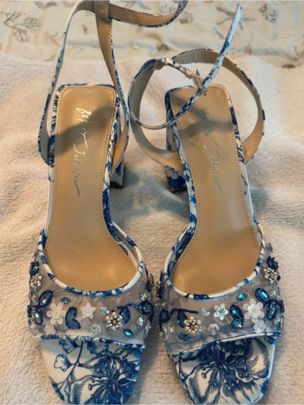 Betsey Johnson Blue and White Floral Embellished Ankle-Strap Heels